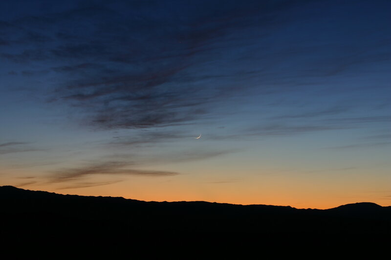 Crescent Moon over Mountains — Blue, Serene, Sunset, Photograph, Clouds