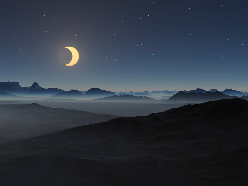 Crescent Moon over Mountains — Blue, Serene