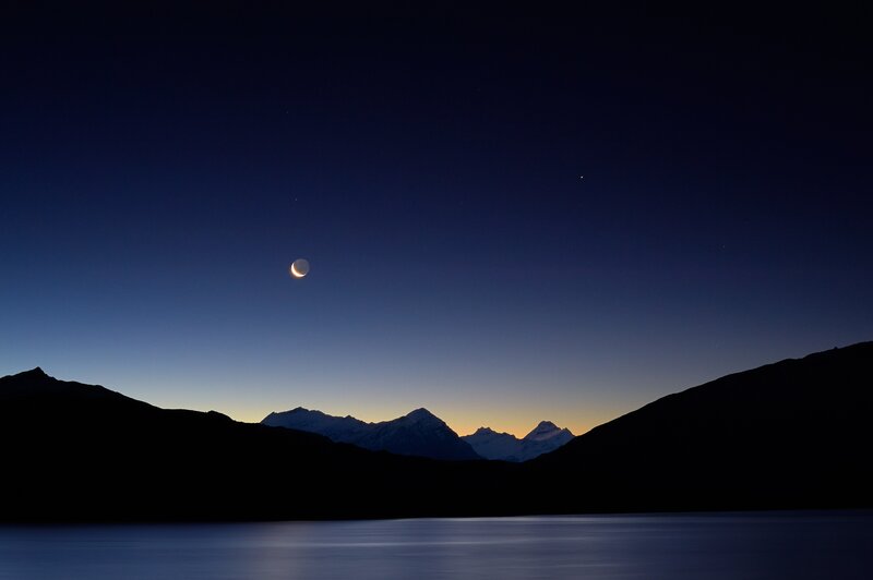 Crescent Moon over Mountains — Blue