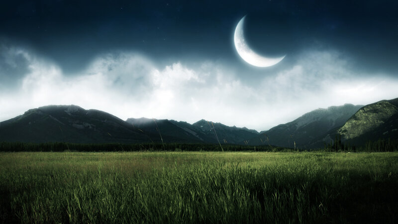 Crescent Moon over Mountains — Green, Dramatic