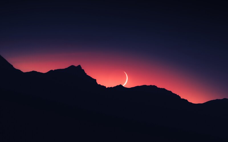 Crescent Moon over Mountains — Red