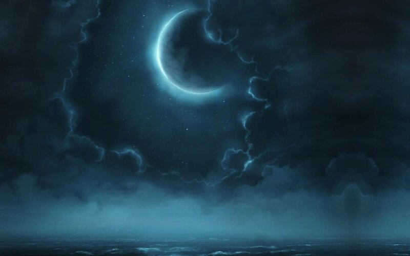 Crescent Moon over Ocean — Blue, Dramatic
