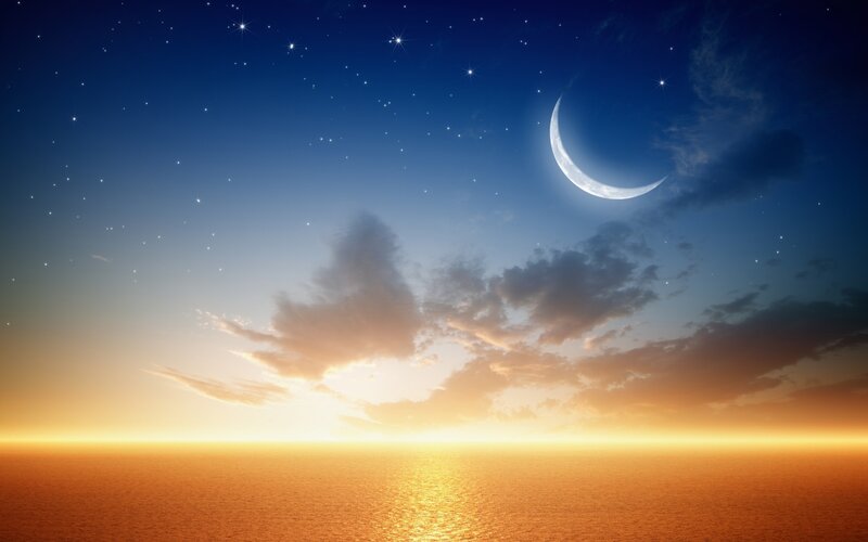 Crescent Moon over Ocean — Blue, Serene, Sunrise