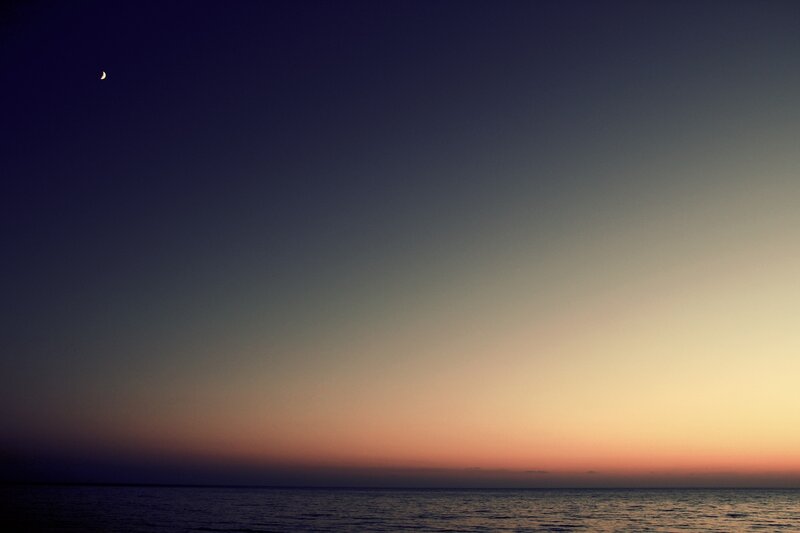 Crescent Moon over Ocean — Blue, Serene, Sunset, Photograph