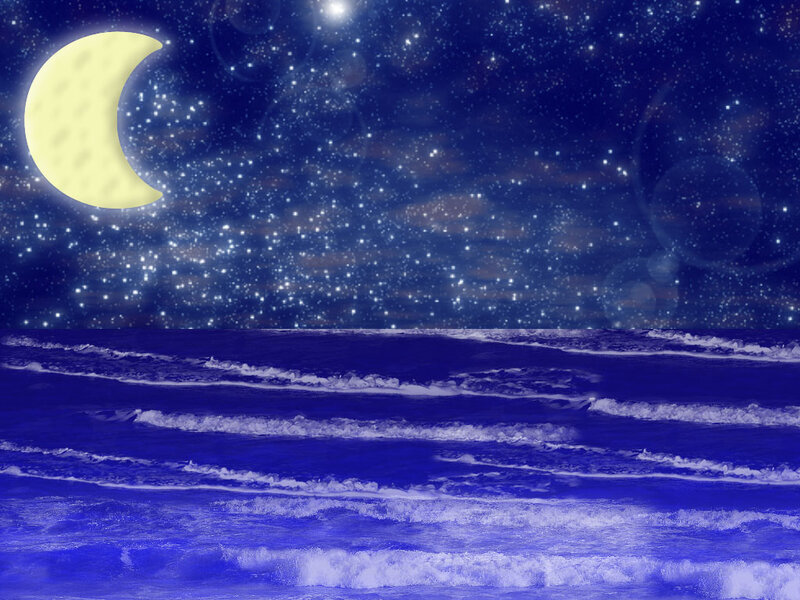 Crescent Moon over Ocean — Blue
