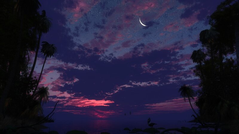 Crescent Moon over Ocean — Purple, Serene, Night