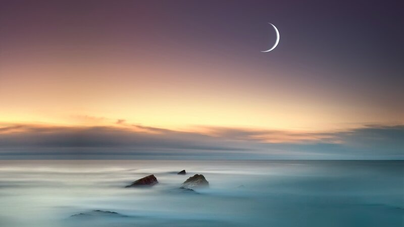 Crescent Moon over Ocean — Purple, Serene, Sunset