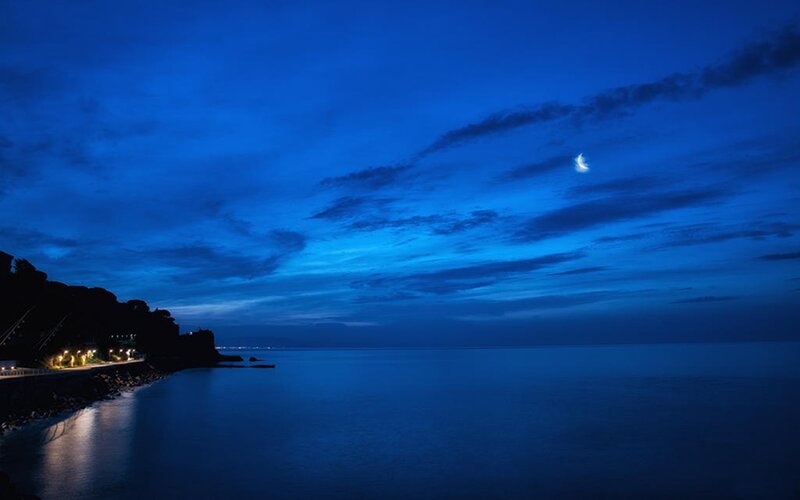 Crescent Moon over Sea — Blue