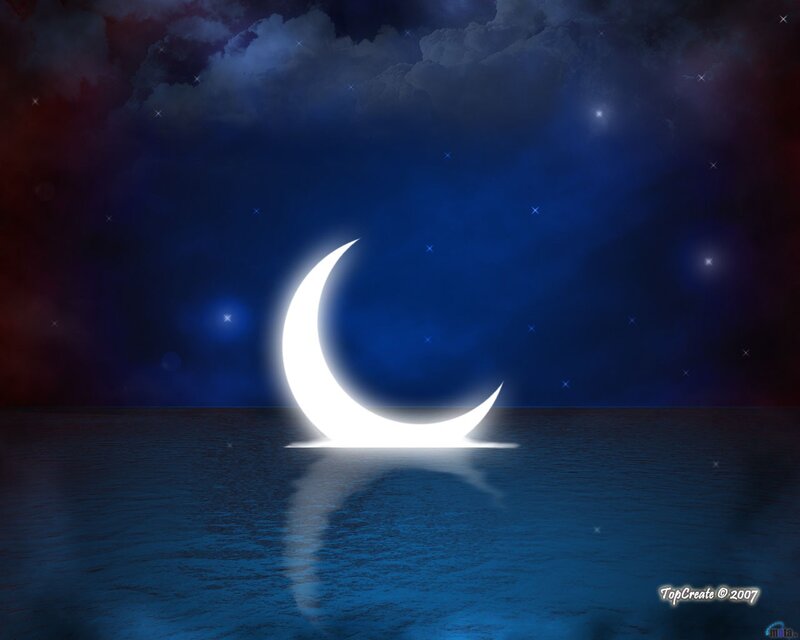 Crescent Moon over Water — Blue, Serene, Night, Digital Art