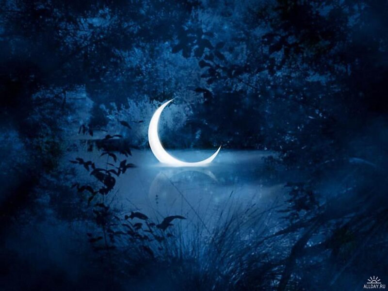 Crescent Moon over Water — Blue, Serene, Night, Digital Art, Trees