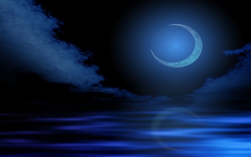 Crescent Moon over Water — Blue, Serene, Night