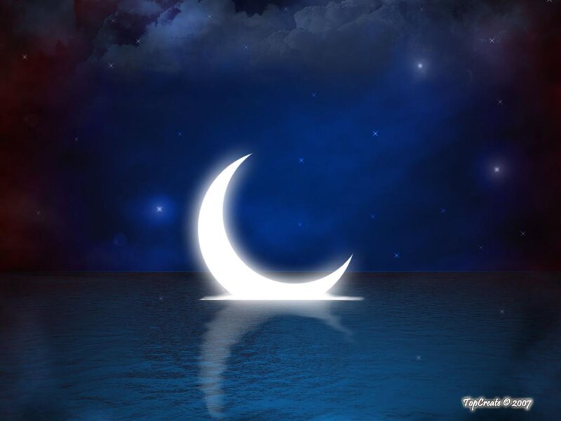 Crescent Moon over Water — Blue, Serene