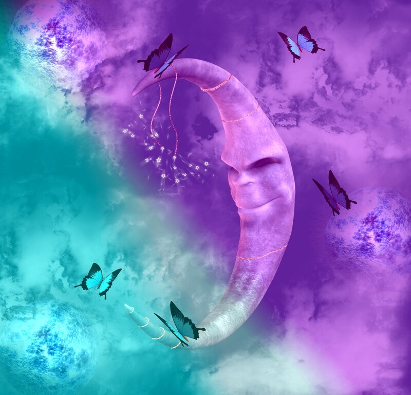 Crescent Moon with Face — Purple, Dreamy