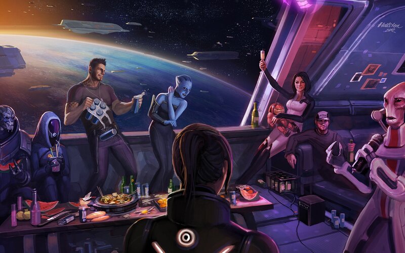 Crew Celebrating in Space — Purple, Celebratory