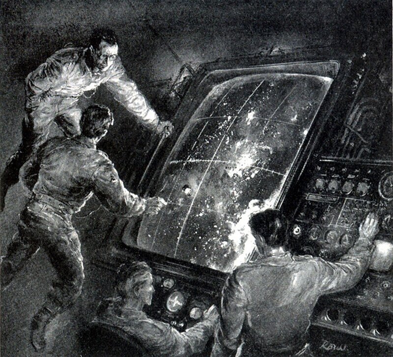 Crew in a spaceship cockpit