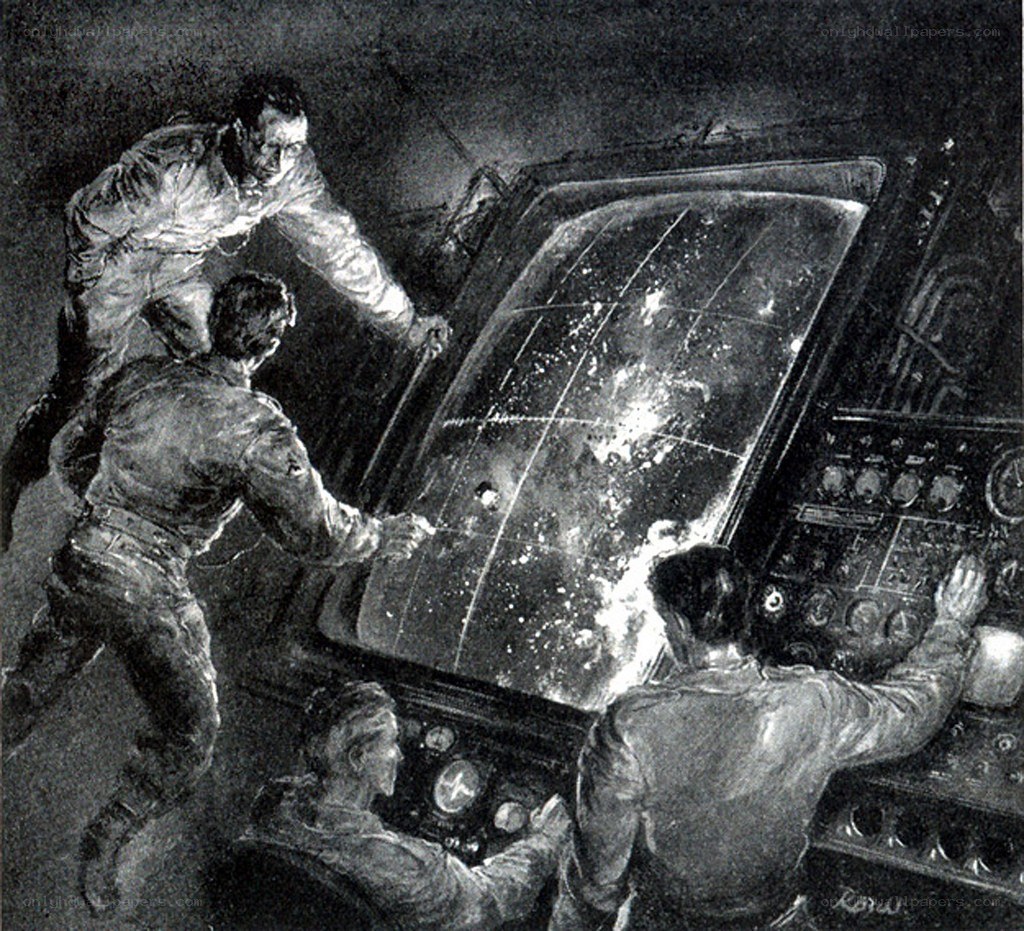 Crew in a spaceship cockpit
