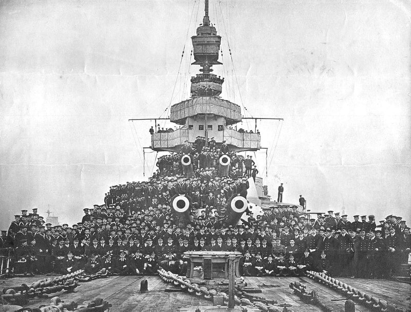 Crew on battleship deck