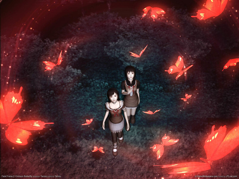 Crimson butterflies surround two girls
