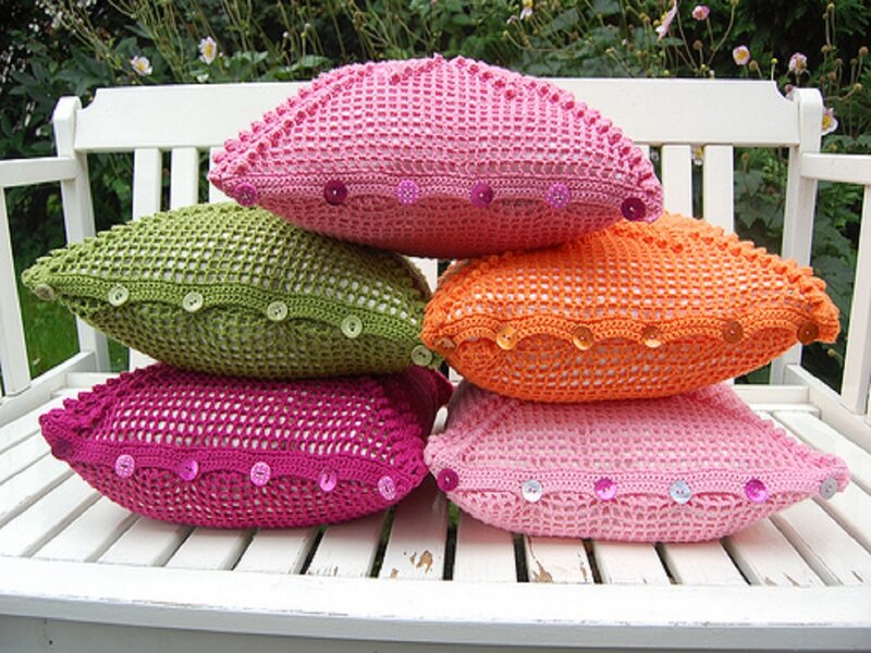 Crochet Pillows on Bench
