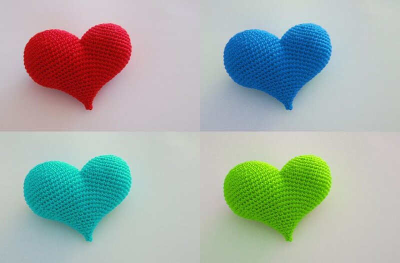 crocheted hearts in four colors