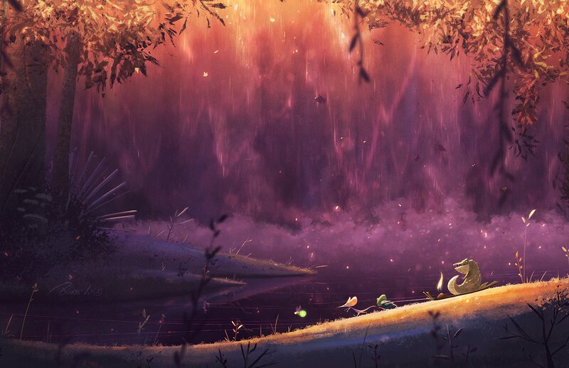 Crocodile and Birds in Forest