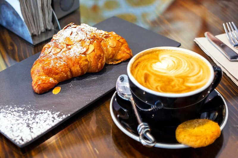 Croissant and Coffee — Brown, Calm, Morning, Photograph