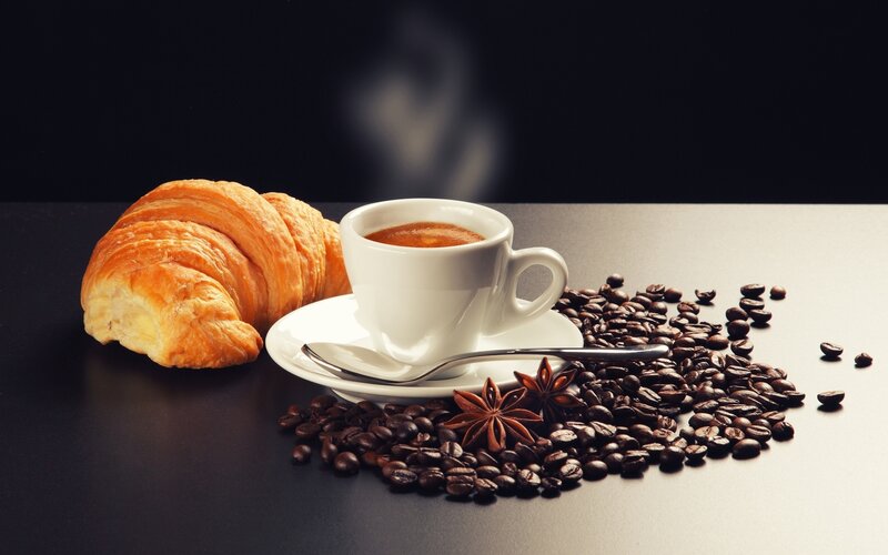 Croissant and Coffee Cup — Black, Dramatic, Morning