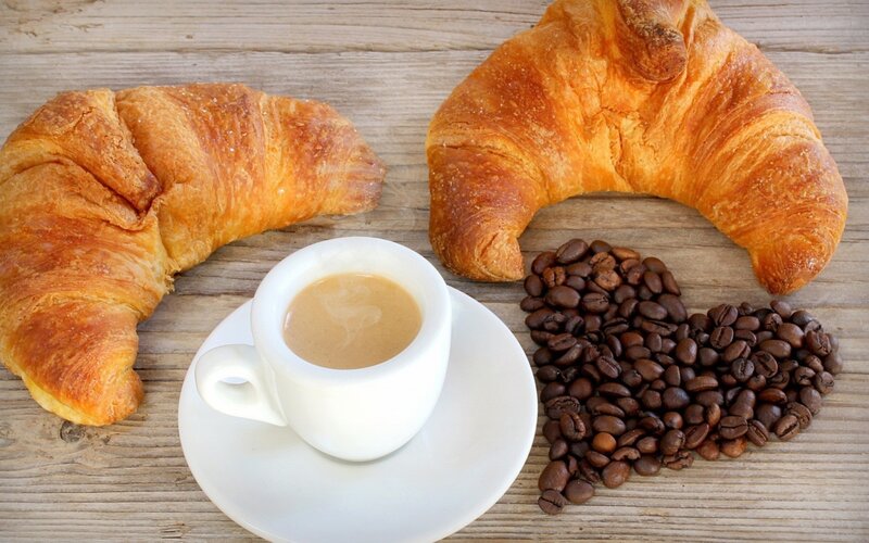 Croissants and Coffee — Brown, Calm, Morning, Photograph, Coffee Cup, Coffee Beans