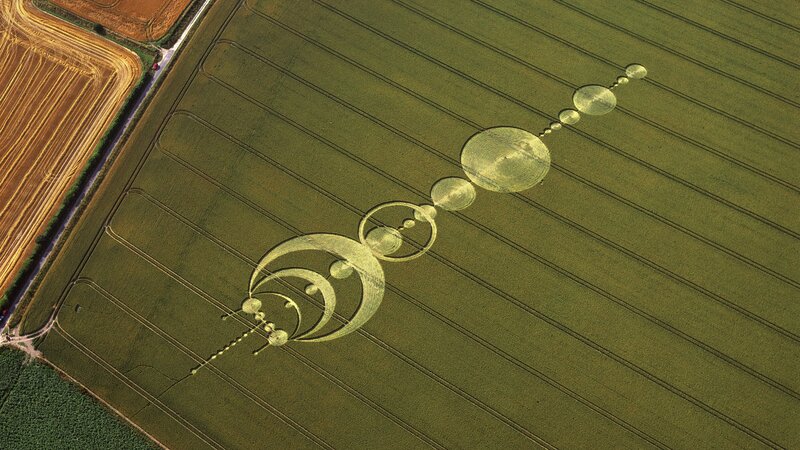 Crop Circle Design — Green, Serene, Afternoon, Photograph, Field, Road