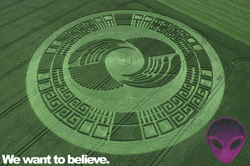 Crop circle with alien graphic