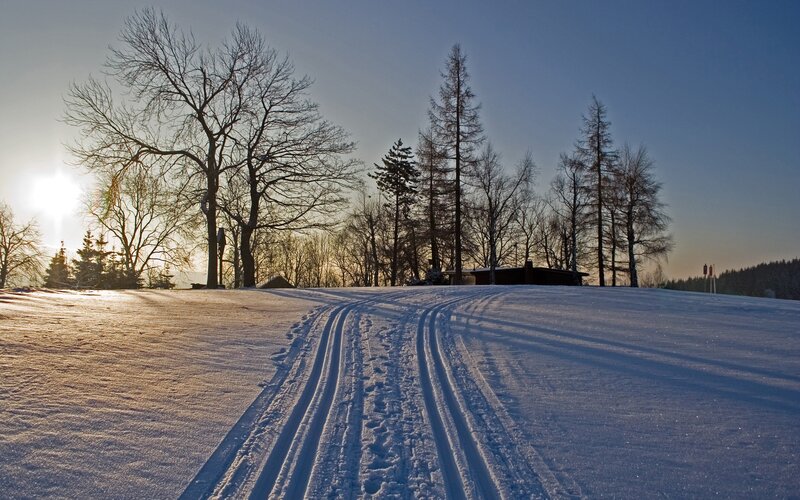 Cross-country ski trail at sunrise