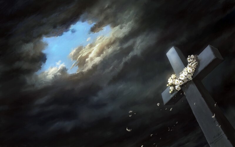 Cross with flowers in stormy sky