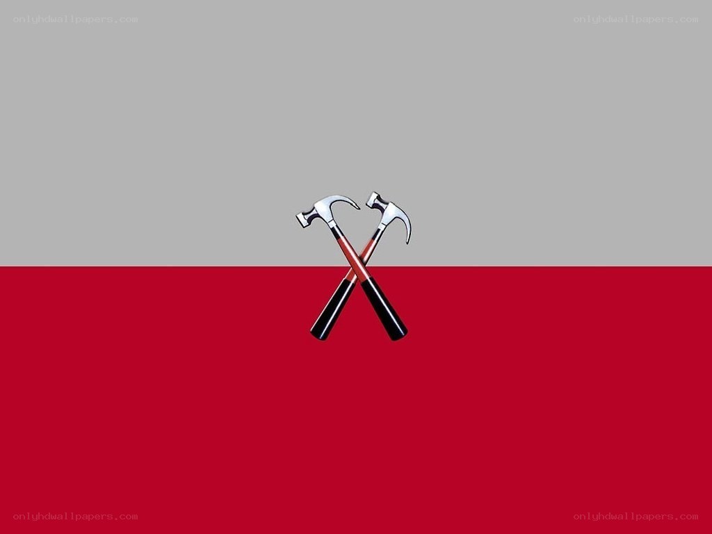 Crossed hammers on red and gray