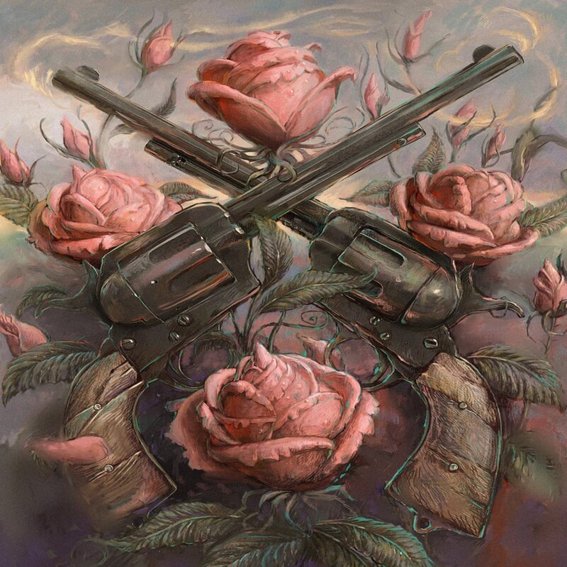 Crossed Revolvers with Roses