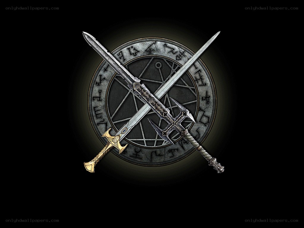 crossed swords on rune circle