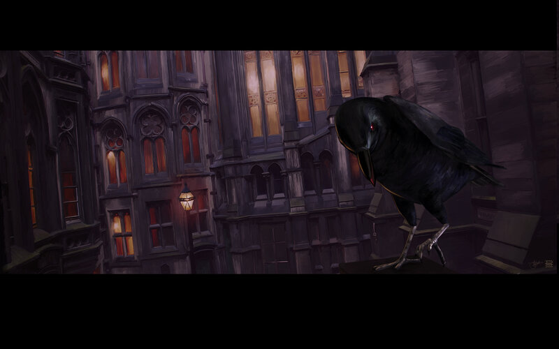 Crow on a city street at night