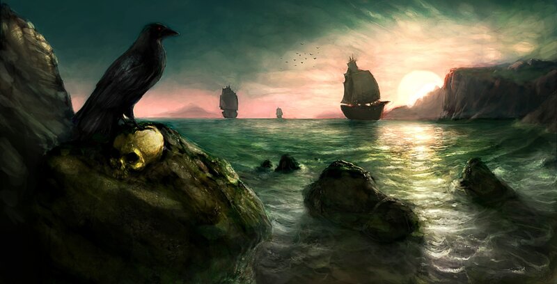 Crow on Skull by Sea — Green, Dramatic