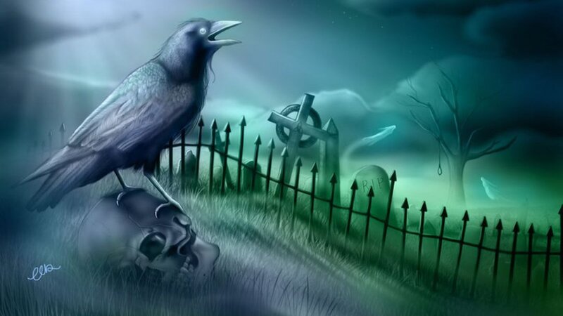 Crow on Skull in Graveyard — Green