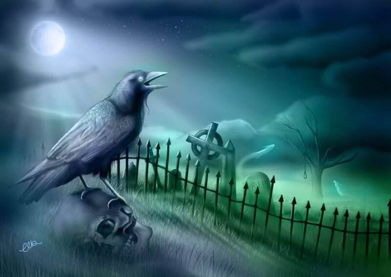 Crow on Skull in Graveyard