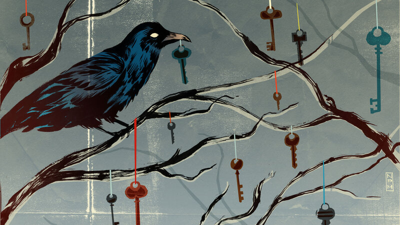 Crow with keys on a branch