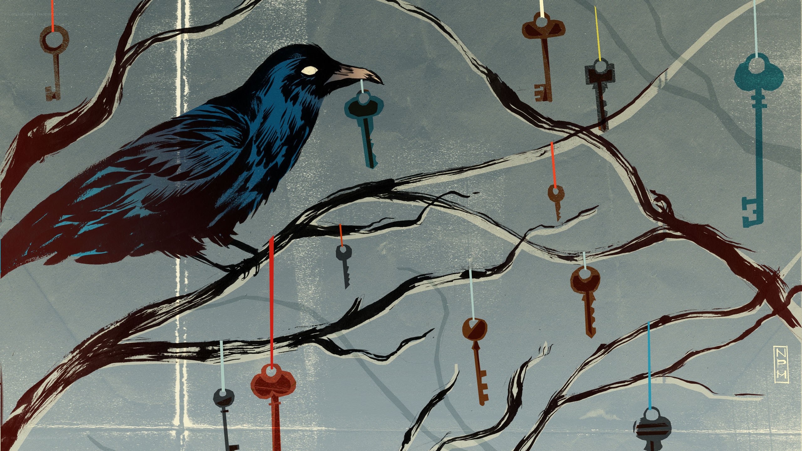 Crow with keys on a branch