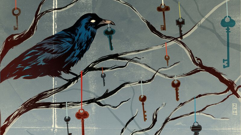 crow with keys on branches