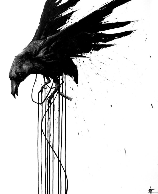 Crow with wires and splatter