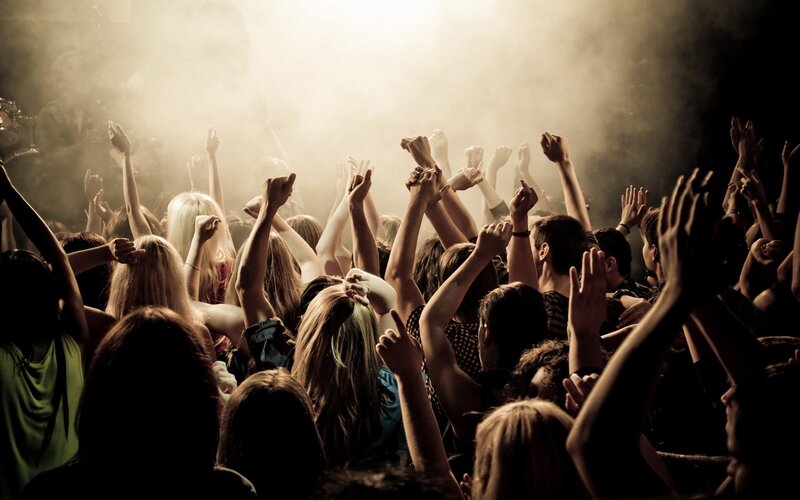 Crowd at a concert with raised hands