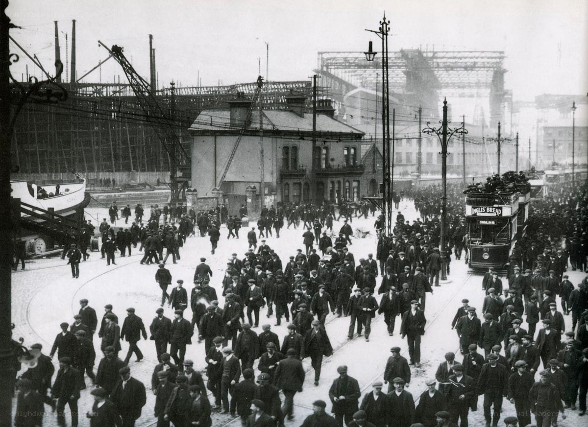 Crowd at a shipyard
