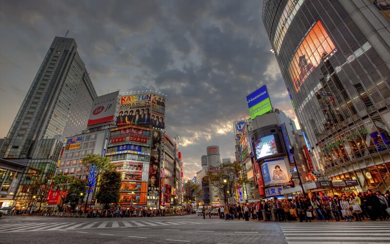 Crowd at City Intersection — Gray, Dramatic, Sunset