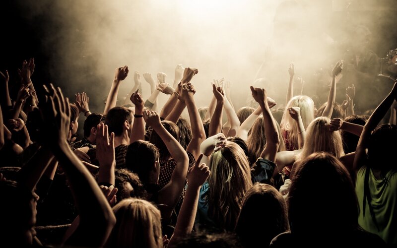 Crowd at Music Concert — Black, Energetic, Night, Photograph, Hands Raised, Smoke, Stage Lights
