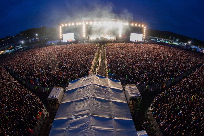 Crowd at Music Festival — Blue, Energetic, Night, Photograph, Stage, Lights, Smoke