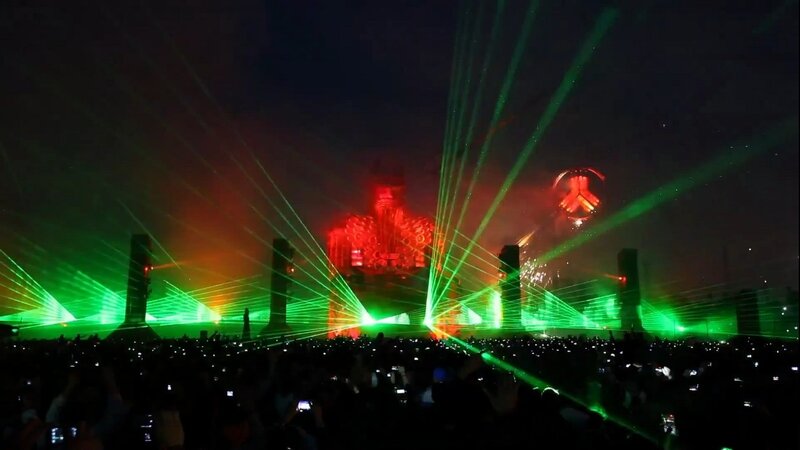 Crowd at Music Festival — Green, Energetic, Night, Photograph, Laser Lights, Stage, Fireworks