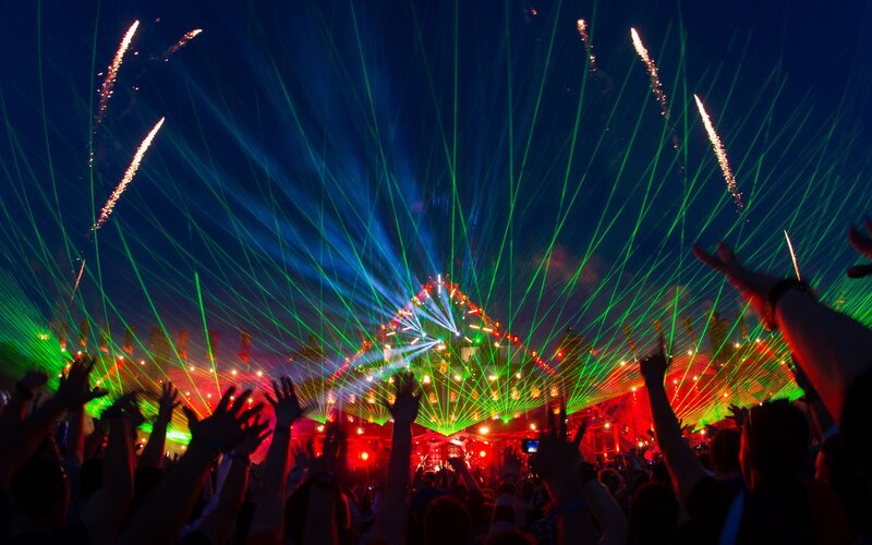 Crowd at Music Festival — Green, Energetic, Night, Photograph, Laser Lights